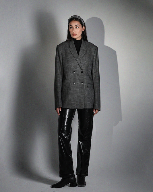 Checked Double-Breasted Grey Blazer